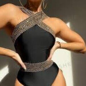 Swim Summer Beach Contrast Binding Criss Cross One Piece Swimsuit Sz Medium